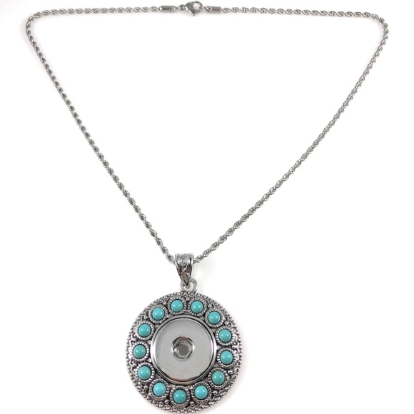 Snap Charm Pendant Necklace with Stainless Steel Chain and Turquoise Snap - Picture 4 of 8